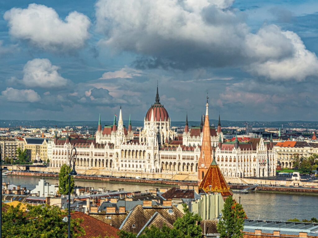 aerial shot hungarian parliament building budapest hungary cloudy sky