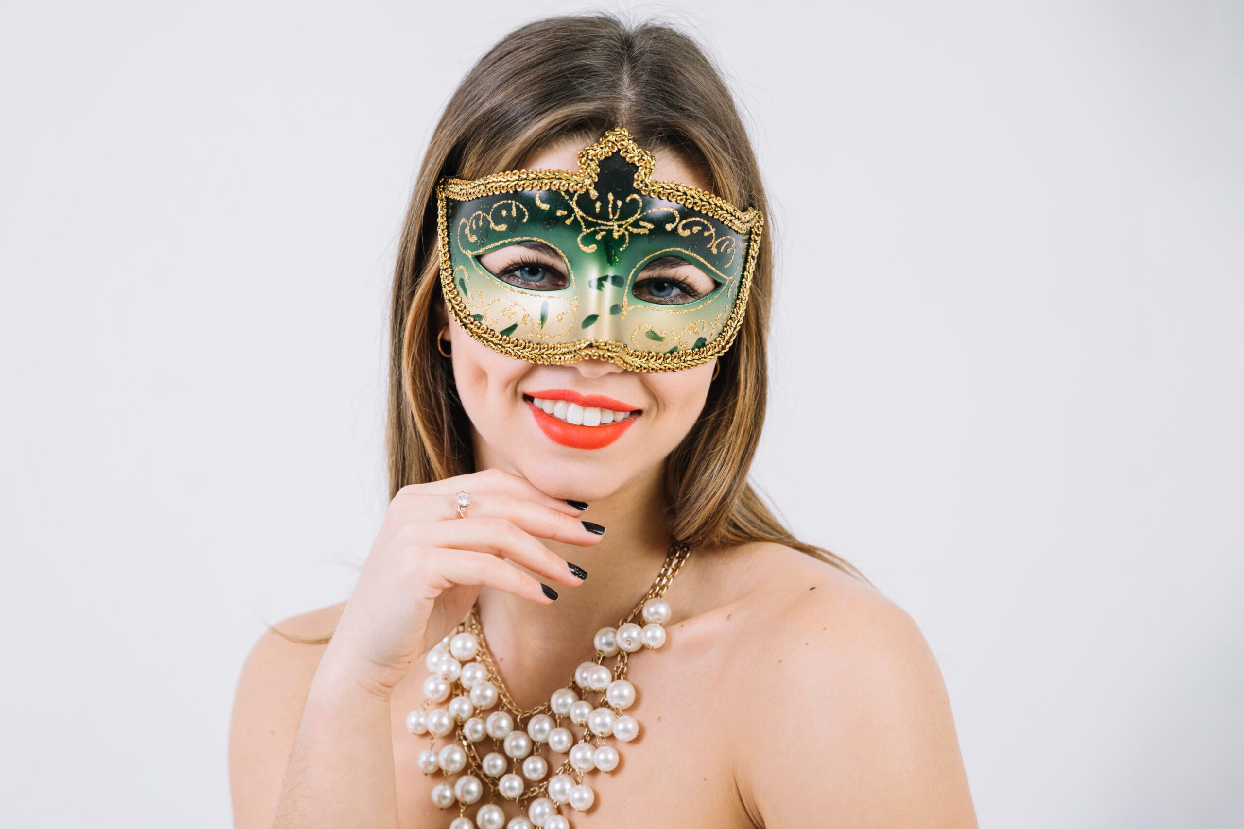 pretty smiling woman wearing green decorative carnival mask scaled 1