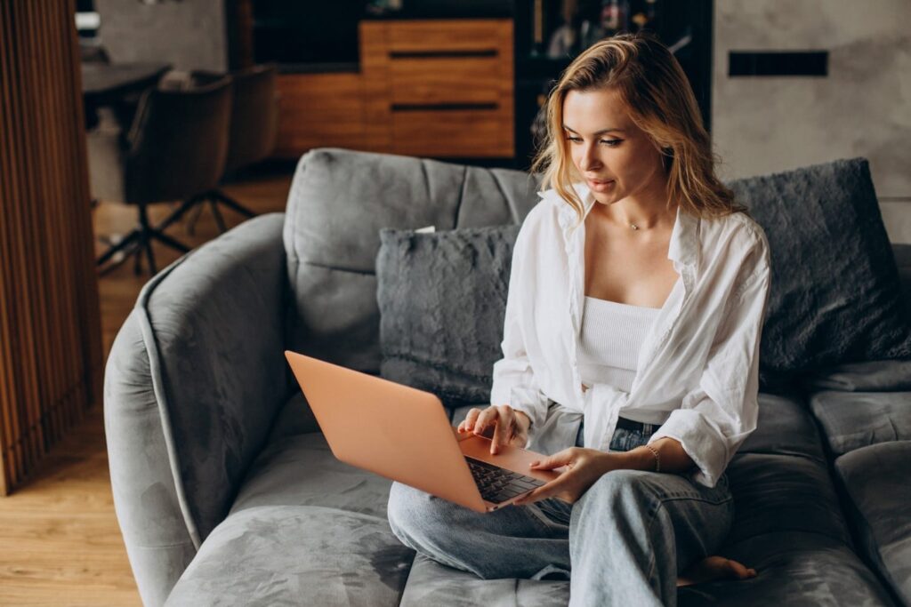 woman working from home laptop